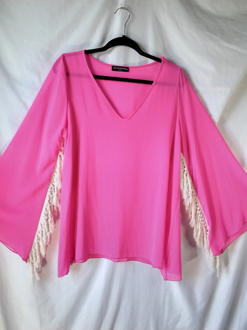 By Together Bright Pink V-Neck Fringe Bell Sleeve Blouse